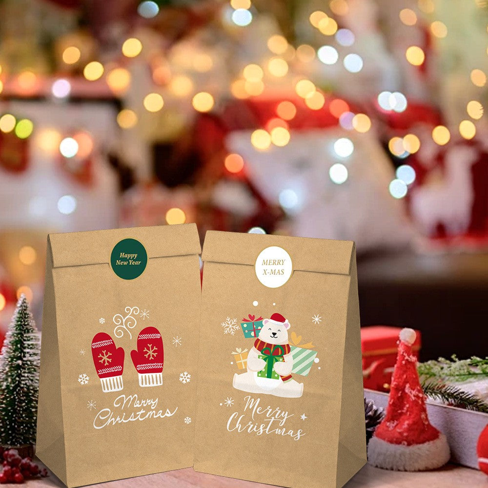Set 12 Pungi de Cadou, Flippy, Tema Craciun, 12 Stickere Incluse, 22 x 12 x 8 cm, din Hartie, Maro - vivimall.ro