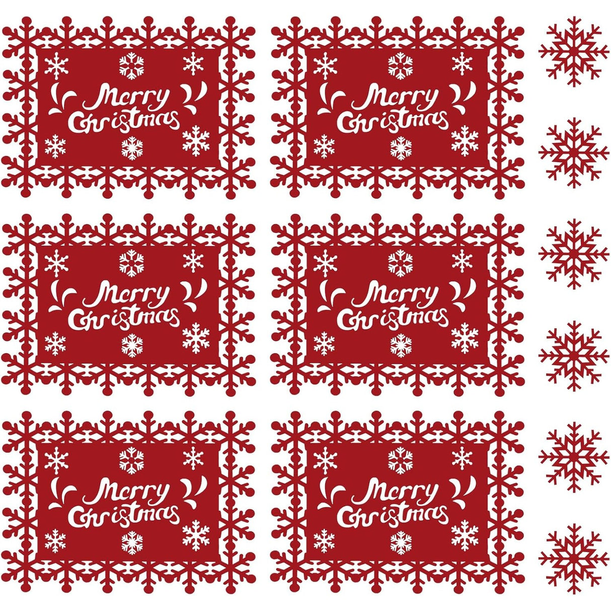 Set 12 Servete pentru Masa si Suporturi de Pahare/Tacamuri, Vivimall, Scris Merry Christmas, 6 Servete 25x35 cm, 6 Suporturi de 10x10 cm, Rosu - vivimall.ro