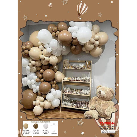 Baloane din Latex pentru Arcada, Vivimall, Set Mix din 125 baloane, Model Petrecere pentru Arcada, Baloane Party, 12 cm, 25 cm, 45 cm, Pai si Adeziv inclus in pachet, Maro, Alb, Bej - vivimall.ro