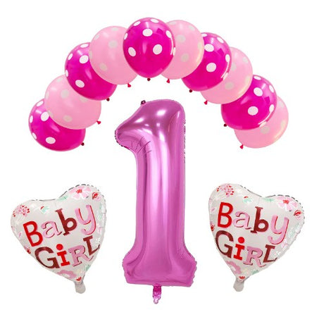 Set 13 baloane, pentru Prima Aniversare, 10 baloane latex, 2 baloane inima folie, cifra 1, Roz - vivimall.ro