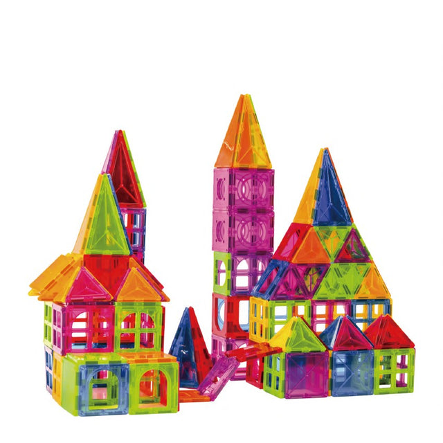 Set 120 de Piese Magnetice de Constructie, Vivimall, Piese Mari, Magnetic Tiles, Forme Geometrice, 3 Ani, ABS, Magnet, 20.5 x 14.5 x 12 cm, Multicolor - vivimall.ro