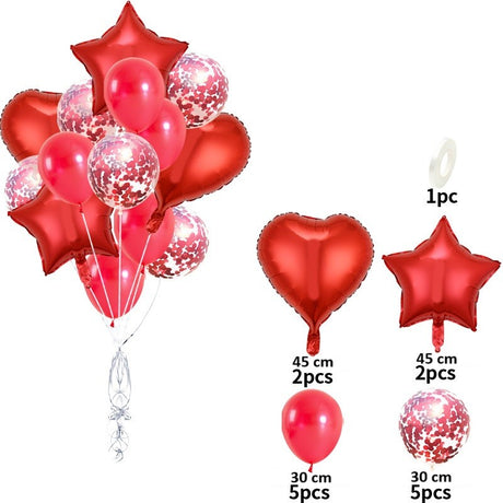Set 14 Baloane din Folie Metalizată si din Latex, Vivimall, Figurine Stea si Inima 45 cm, Baloane Latex 30 cm, Tema Buchet, Ambalaj Individual, Pai Inclus, Umflare cu Aer sau Heliu, Rosu - vivimall.ro