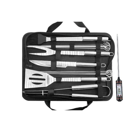 Set 14 Ustensile pentru Gratar cu Termometru, Vivimall, din Otel Inoxidabil, Geanta Oxford, Argintiu - vivimall.ro