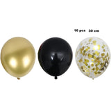Set 16 Baloane din Latex, Vivimall, Model Party, 30 cm, Auriu, Negru, Confetti, 2.8 g - vivimall.ro