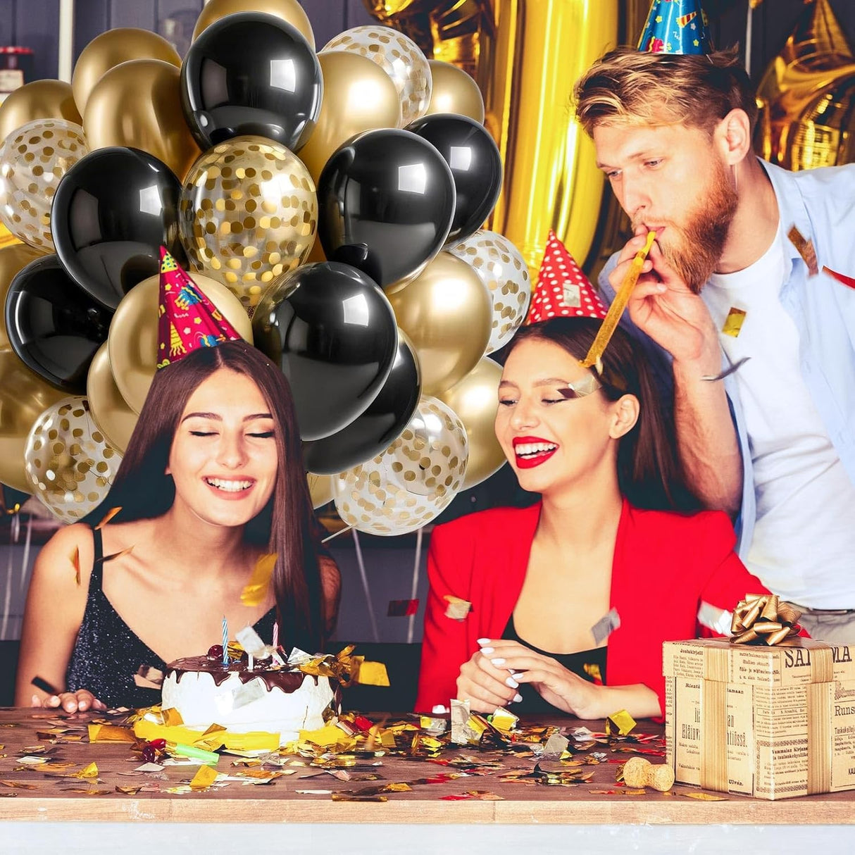 Set 16 Baloane din Latex, Vivimall, Model Party, 30 cm, Auriu, Negru, Confetti, 2.8 g - vivimall.ro