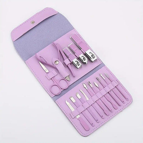 Set 16 Piese de Ingrijire Cosmetica, Vivimall, pentru Manichiura, Pedichiura, Fata, Geanta Organizatoare din Piele Ecologica Inclusa, Mov - vivimall.ro