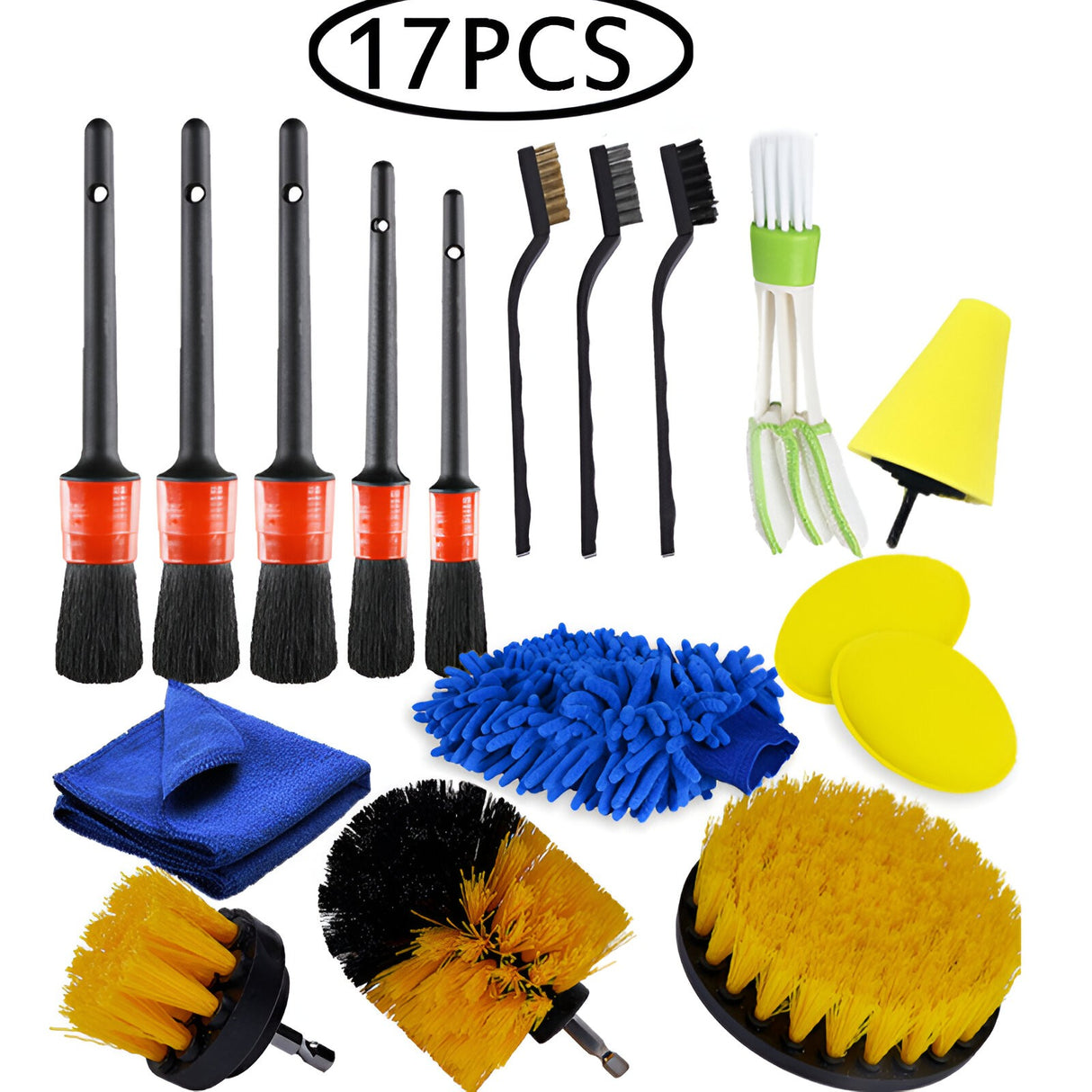 Cele 5 pensule pentru detailing auto din set, vedere frontală, culori multiple