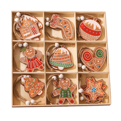 Set 18 Decoratiuni de Craciun din Lemn, Vivimall, cu Snur pentru Agatare in Brad, Modele Diverse , Diferite Dimensiuni, Multicolor - vivimall.ro