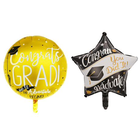 Set 2 Baloane din Folie Metalizata, Vivimall, Figurine Stea 45 cm si Minge 63x53 xm, Model Absolvire, Ambalaj Individual, Pai Inclus, Umflare cu Aer sau Heliu, Multicolor - vivimall.ro