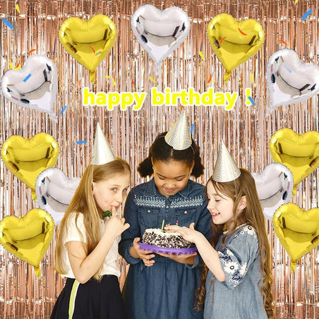 Set 2 Baloane din Folie Metalizata, Vivimall, Model Inimi, Tema Ziua Indragostitilor, 45 cm, Ambalaj Individual, Pai Inclus, Umflare cu Aer sau Heliu, Argintiu/Auriu - vivimall.ro