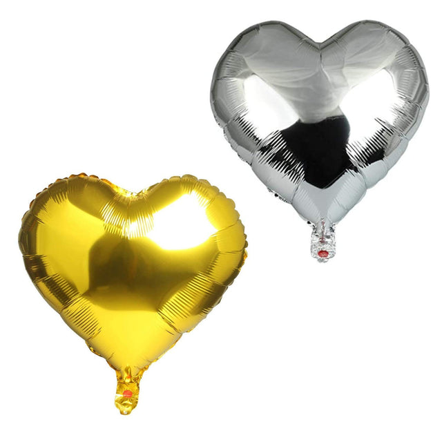 Set 2 Baloane din Folie Metalizata, Vivimall, Model Inimi, Tema Ziua Indragostitilor, 45 cm, Ambalaj Individual, Pai Inclus, Umflare cu Aer sau Heliu, Argintiu/Auriu - vivimall.ro