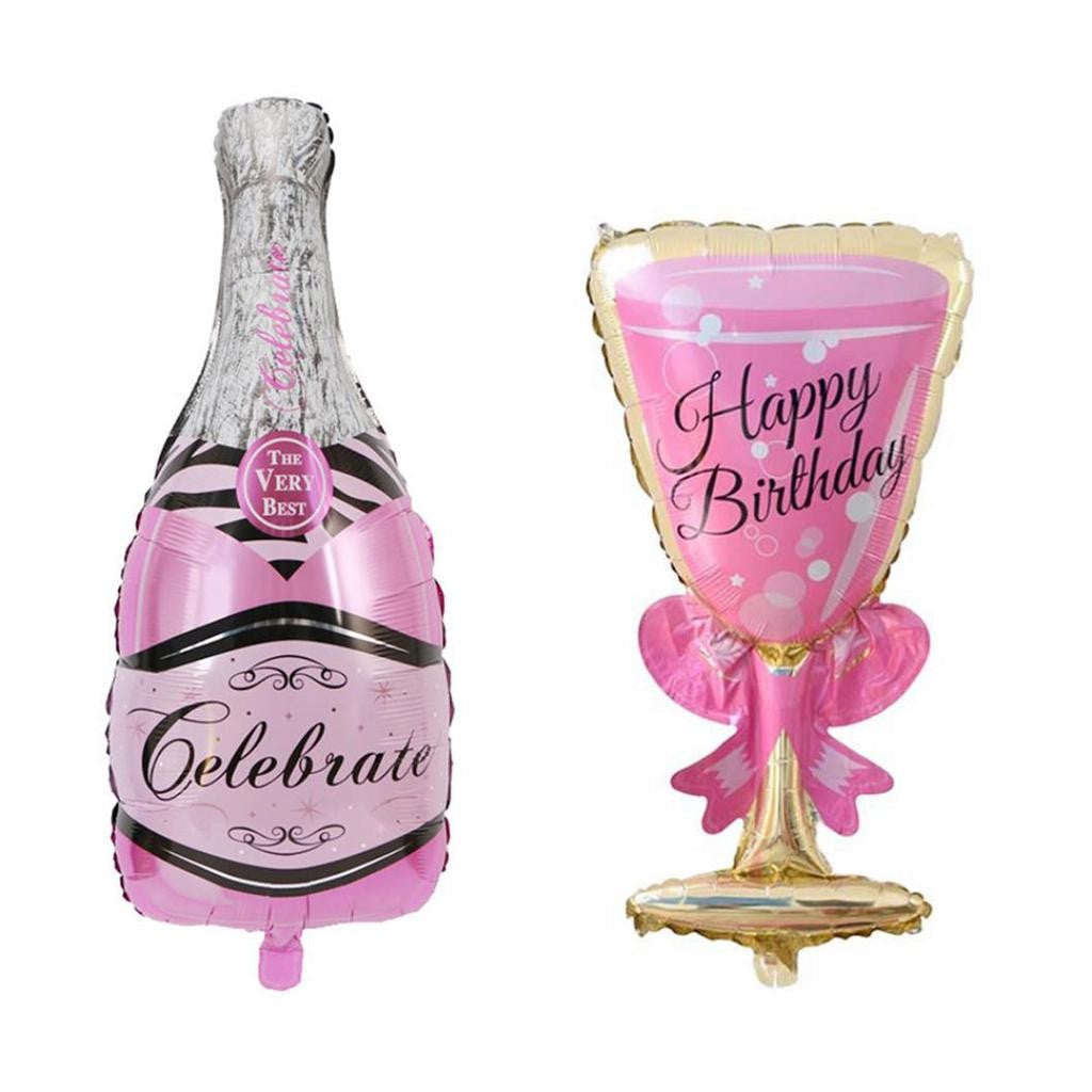 Set 2 Baloane Din Folie Metalizata, Tematica Aniversare Happy Birthday, Figurine Model Sticla De Sampanie Si Pahar 48 X 93 Cm
