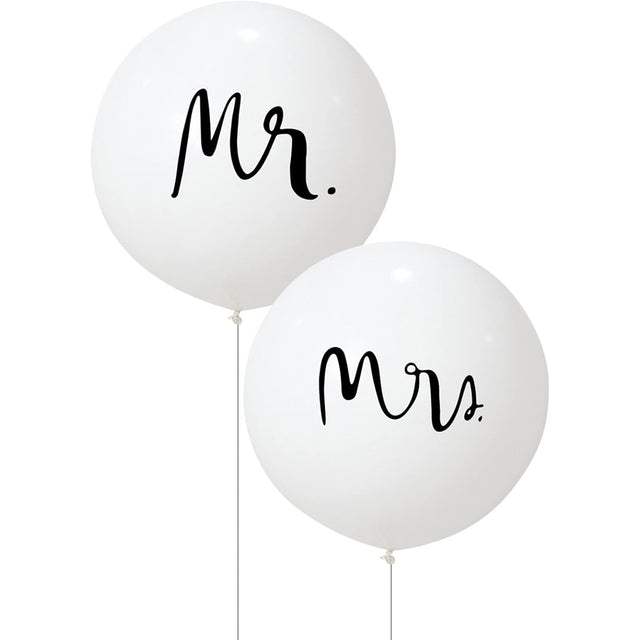 Set 2 Baloane din Latex, Vivimall, Tip Jumbo, Model Mr si Mrs, Tema Nunta, 45 cm, Alb - vivimall.ro