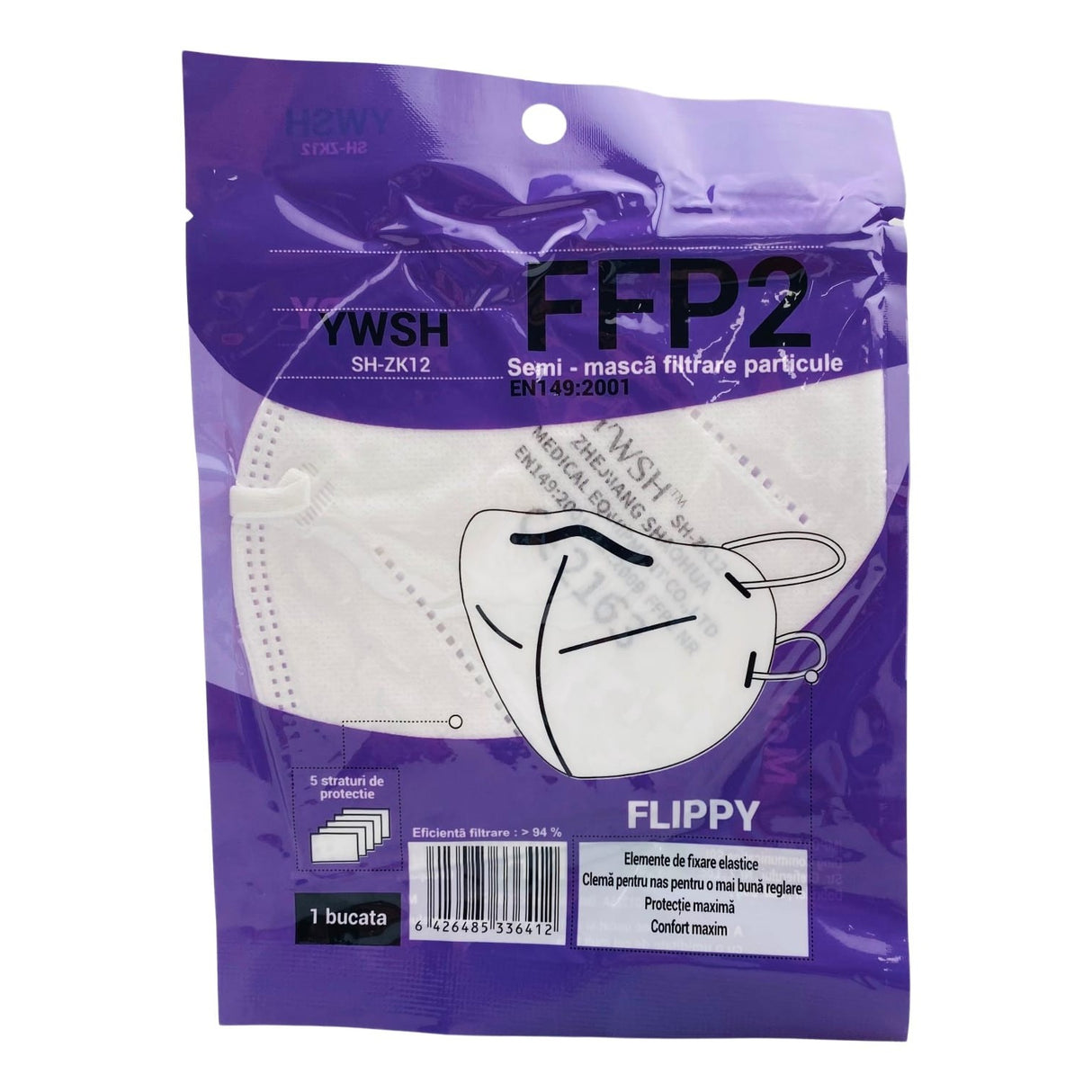 Mască FFP2 Flippy purtată pe față, acoperire completă nas, gură și bărbie