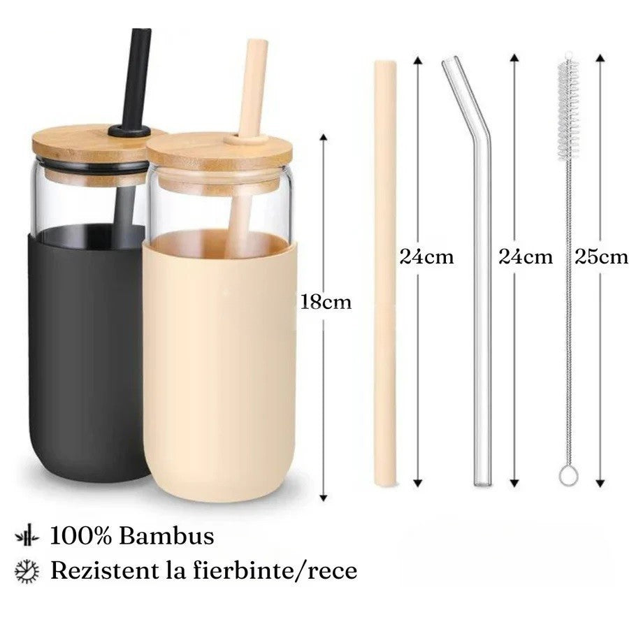 Set 2 Pahare din Sticla Termoizolante Transparente, Vivimall, Capace si Paie Incluse, 500 mL, Silicon Negru si Crem - vivimall.ro