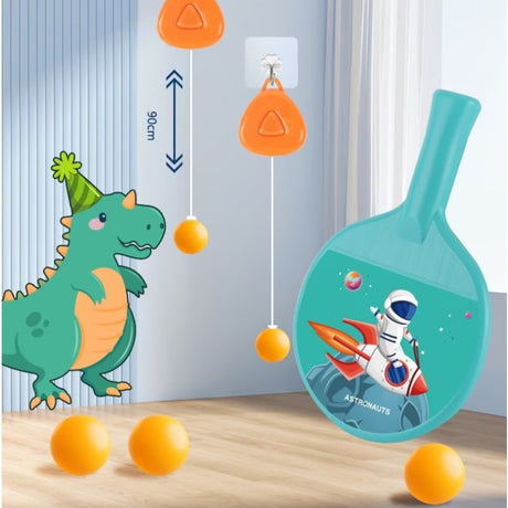 Set 2 Palete De Tenis De Masa, Pentru Copii, Design Animat, Tematica Astronauti, Accesoriu De Agatat Inclus Si 4 Mingi, Albastru - vivimall.ro