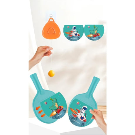 Set 2 Palete De Tenis De Masa, Pentru Copii, Design Animat, Tematica Astronauti, Accesoriu De Agatat Inclus Si 4 Mingi, Albastru - vivimall.ro