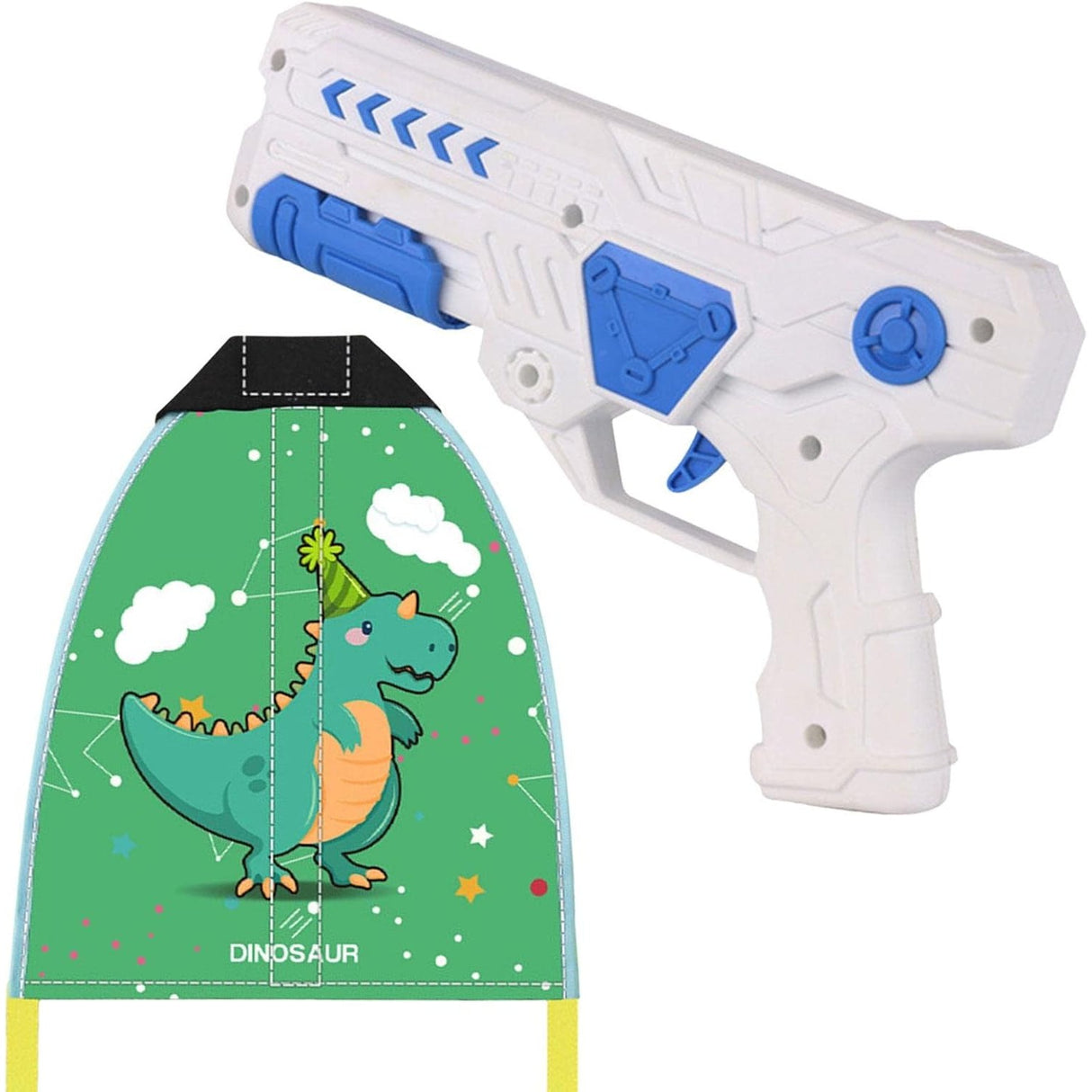 Set 2 Piese Jucarie Interactiva, Vivimall, Pistol de Catapultare + Zmeu, din Plastic si Panza, +8 Ani, Impermeabil, Model Dinozaur Verde, Multicolor - vivimall.ro