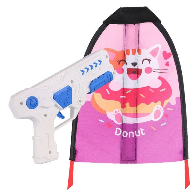 Set 2 Piese Jucarie Interactiva, Vivimall, Pistol de Catapultare + Zmeu, din Plastic si Panza, +8 Ani, Impermeabil, Model Pisicuta cu Gogoasa, Multicolor - vivimall.ro