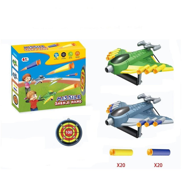 Jucaruie cu Lansator pentru Copii, Vivimall, Lanseaza Manual, Tinta, 2 Avioane, 40 de Gloante din Material Moale, Joc Interactiv, 28.5x25x6.3 cm, Gri Verde - vivimall.ro