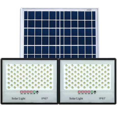 Set 2 proiectoare LED cu Panou Solar Vivimall, Senzor de miscare, Telecomanda, Waterproof, 322*2  LED-uri incorporate, 200W, 30*24 cm, IP67, Design Modern, Negru - vivimall.ro