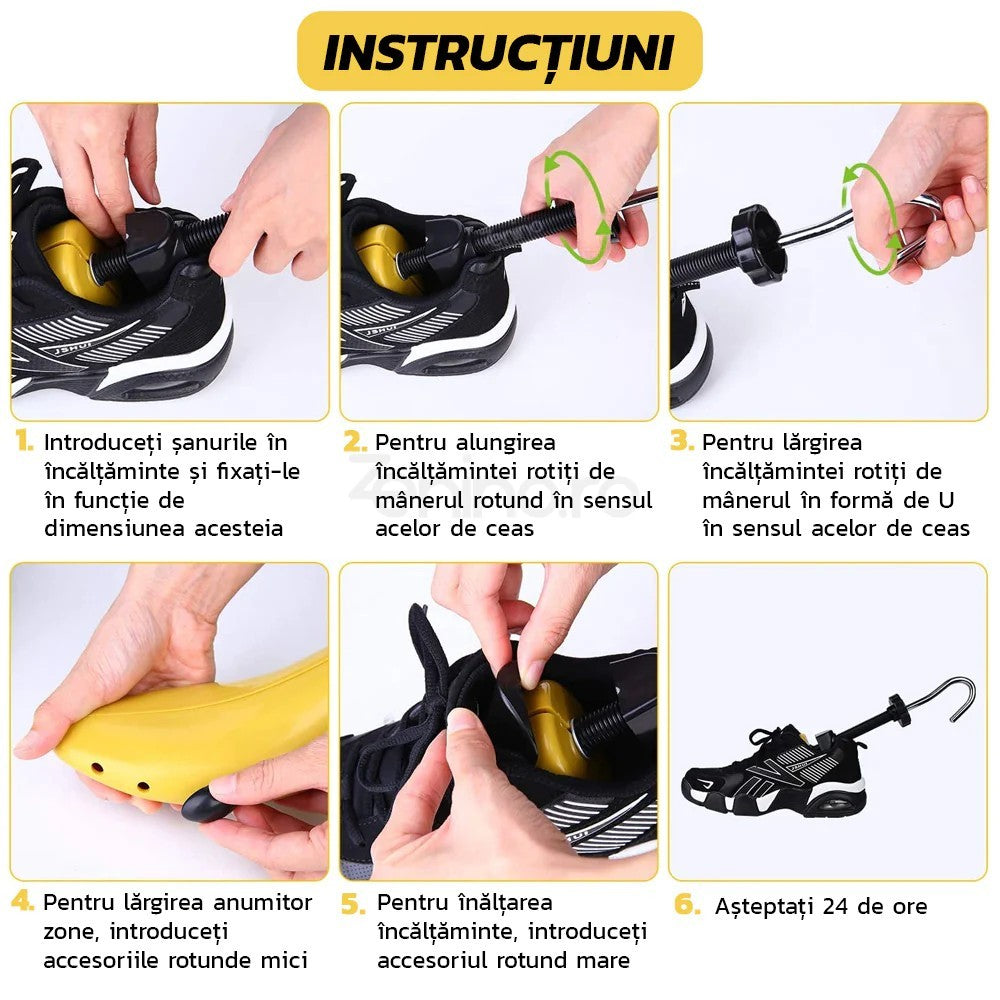 Set 2 Sanuri/Calapoade Reglabilile, Flippy, pentru Alungit si Largit Pantofi, Geanta si Incaltator Incluse, Universale, Unisex, din ABS Premium, Arc, Marime 35 - 42, Galben/Negru - vivimall.ro