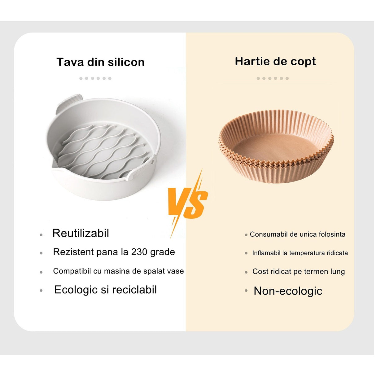 Set 2 tavi din silicon ecologic pentru air fryer Vivimall, temperatura maxima 230 grade, reutilizabile, reciclabile, cu manere anti-alunecare, fund antiaderent, 18.7 x 19.5 x 7 cm, gri - vivimall.ro