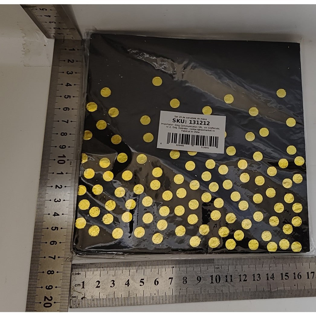 Set 20 de Servetele de Masa, Vivimall, Imprimeu cu Buline Aurii, din Hartie, 17 x 17 cm, Negru - vivimall.ro