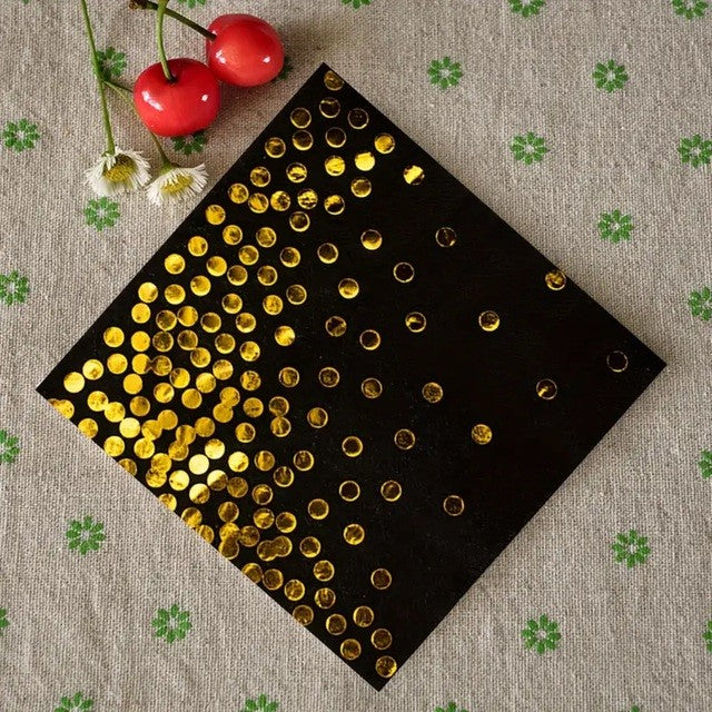 Set 20 de Servetele de Masa, Vivimall, Imprimeu cu Buline Aurii, din Hartie, 17 x 17 cm, Negru - vivimall.ro