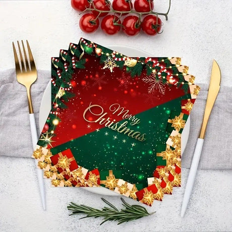 Set 20 de Servetele de Masa, Merry Christmas, Vivimall, Tematica Craciun, 16.5 cm, Verde/Rosu - vivimall.ro