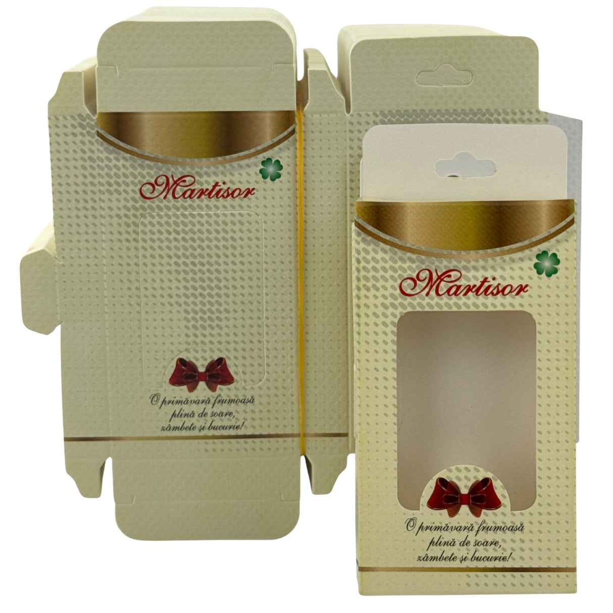 Set 200 cutii carton galbene pentru mărțișoare și brose, model cu fundă decorativă, vedere frontală
