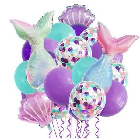Baloane decorative Aqua Sirene, Vivimall, Set MIX 22 baloane, din folie de alumiu, 2 Sirene, 2 Scoici, 18 baloane din latex, 50 x 85 cm Adeziv si pai inclus, Mov Multicolor - vivimall.ro