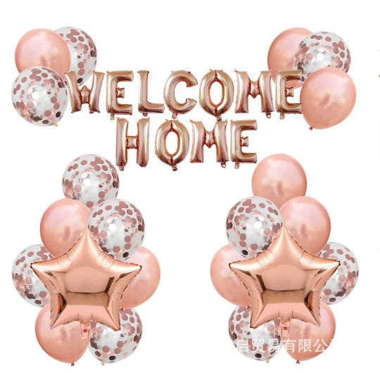 Set baloane folie si latex, Vivimall, WELCOME HOME, 22 de piese, 20 baloane latex, 2 baloane stea Folie, 1 set Welcome Home, Rose gold metalic - vivimall.ro