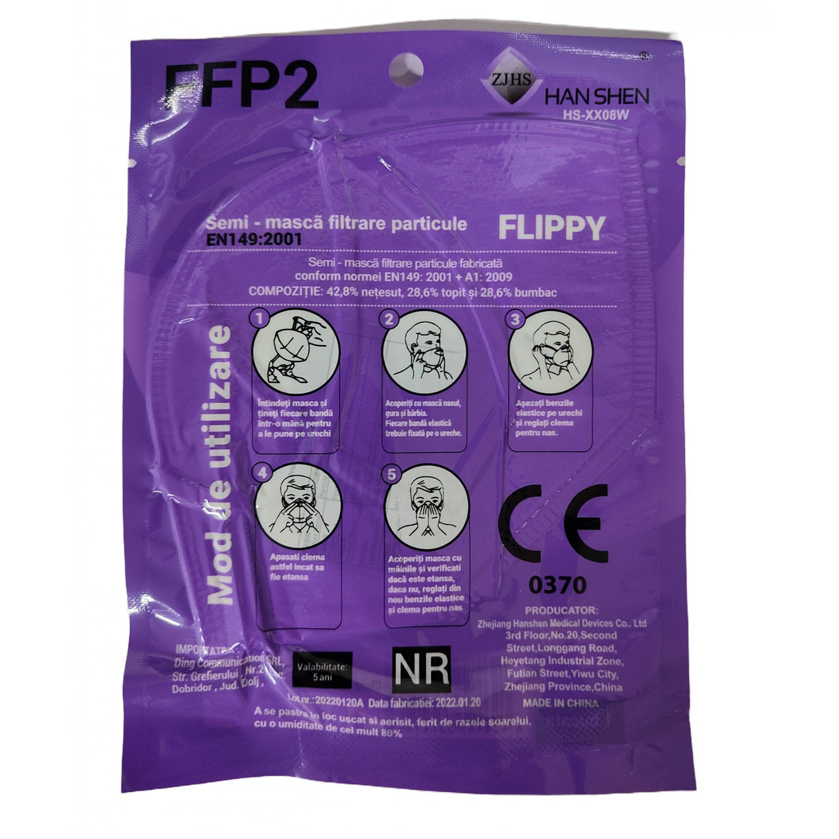 Set 24 bucati Masca de protectie faciala, Flippy, de unica folosinta pentru adulti, FFP2, KN95 CE 0370, 5 straturi, nesterila, ambalaj individual, Alb - vivimall.ro