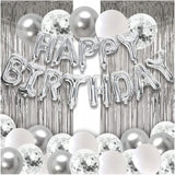 Set 24 de baloane folie si latex, 10 baloane latex simple, 10 bloane latex cu paiete, 4 baloane folie, ribon, 1x2 m perdea, Argintiu - vivimall.ro
