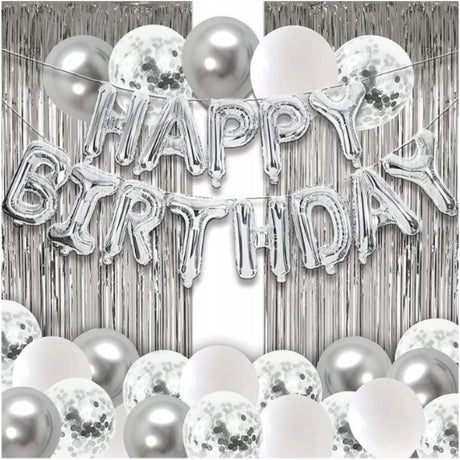 Set 24 de baloane folie si latex, 10 baloane latex simple, 10 bloane latex cu paiete, 4 baloane folie, ribon, 1x2 m perdea, Argintiu - vivimall.ro