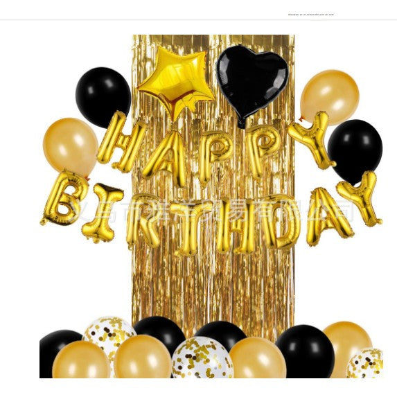 Set 24 de baloane folie si latex, 10 baloane latex simple, 10 bloane latex cu paiete, 4 baloane folie, ribon, 1x2 m perdea, Auriu/Negru - vivimall.ro