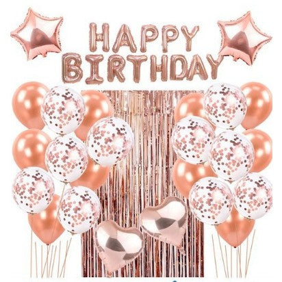 Set 24 de baloane folie si latex, 10 baloane latex simple, 10 bloane latex cu paiete, 4 baloane folie, ribon, 1x2 m perdea, Rose Gold - vivimall.ro