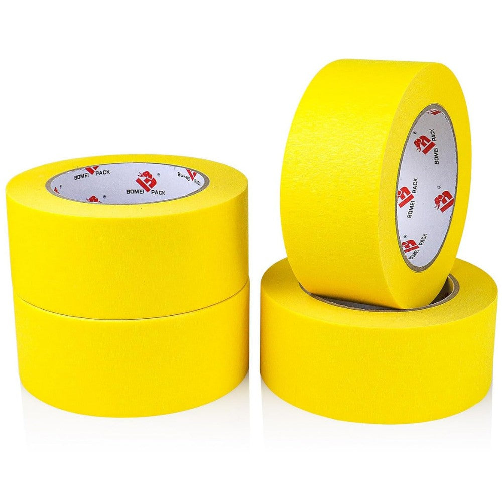 Set complet 24 role bandă adezivă de mascare galbenă 48mm, vedere laterală cutie