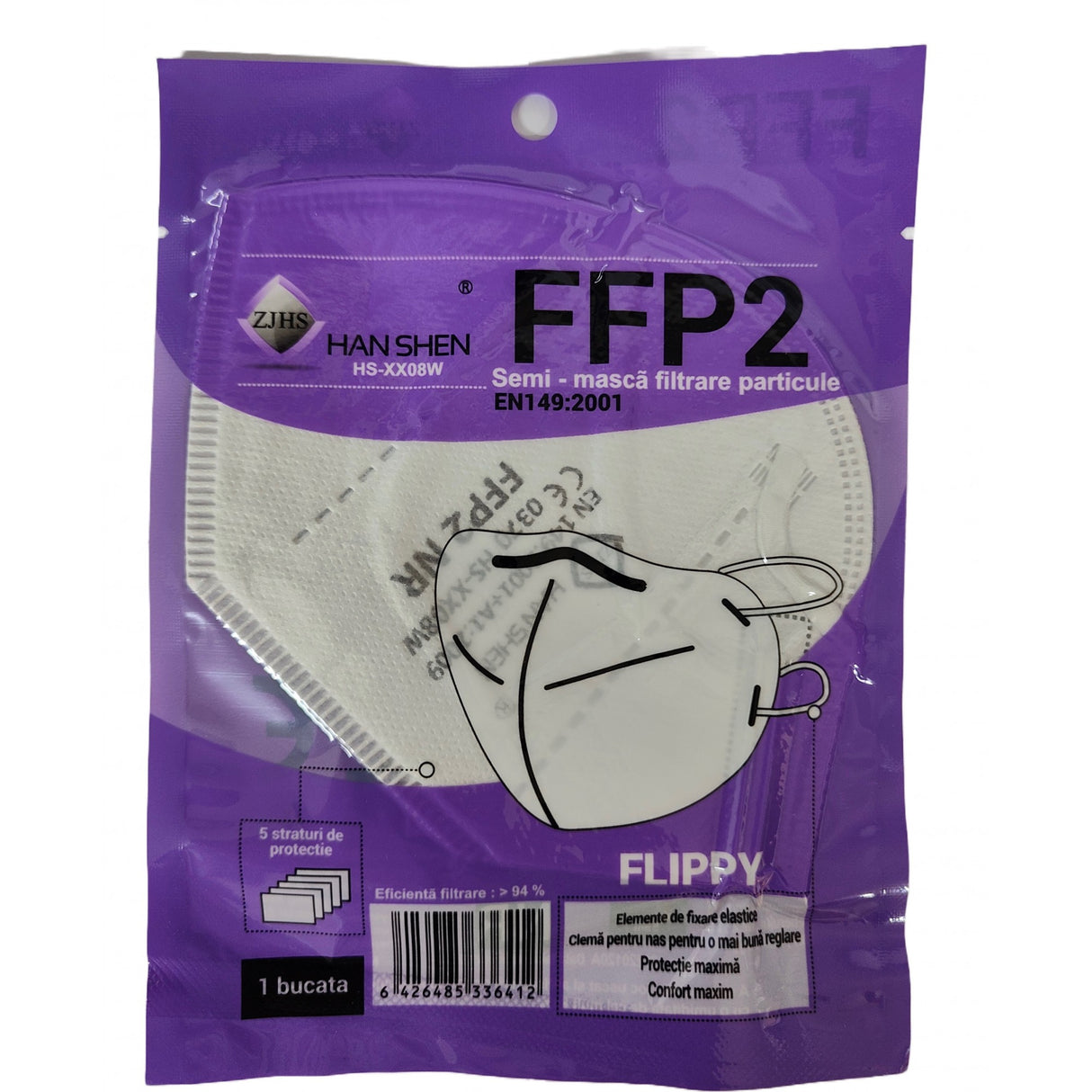Set 250 bucati Masca de protectie faciala, Flippy, de unica folosinta pentru adulti, FFP2, KN95 CE 0370, 5 straturi, nesterila, ambalaj individual - vivimall.ro