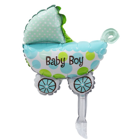 Set 3 Baloane din Folie Metalizata, Vivimall, Figurine Carucior, Inima, Fundita, Tema Botez, 45 cm, Ambalaj Individual, Pai Inclus, Umflare cu Aer sau Heliu, Albastru - vivimall.ro