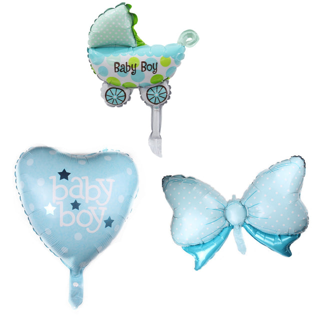 Set 3 Baloane din Folie Metalizata, Vivimall, Figurine Carucior, Inima, Fundita, Tema Botez, 45 cm, Ambalaj Individual, Pai Inclus, Umflare cu Aer sau Heliu, Albastru - vivimall.ro
