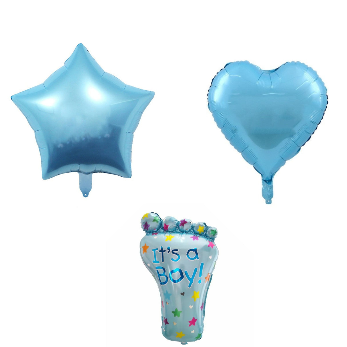 Set 3 Baloane din Folie Metalizata, Vivimall, Figurine Picior 46x79 cm, Inima 45cm, Stea 45cm, Model It's a Boy, Tema Gender Reveal, Ambalaj Individual, Pai Inclus, Umflare cu Aer sau Heliu, Albastru - vivimall.ro
