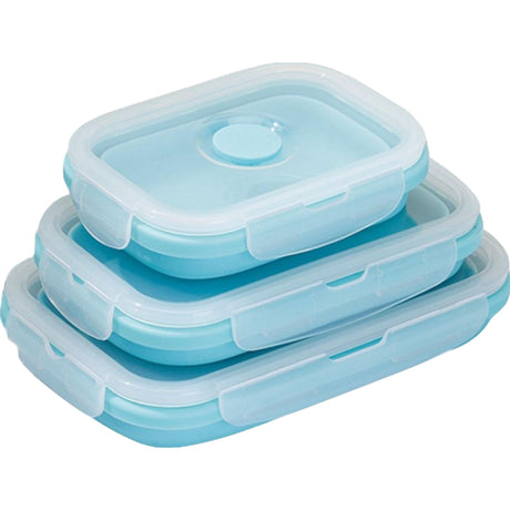 Set 3 caserole pliabile Vivimall, din silicon, rezistenta la temperaturi ridicate, usor de depozitat si curatat, 350/500/800 ml, utilizare in cuptorul cu microunde, albastra - vivimall.ro