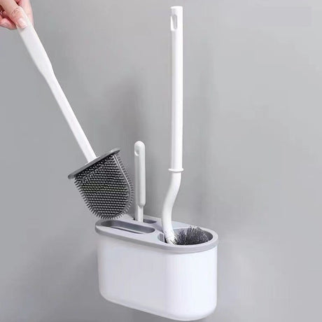 Set 3 Perii pentru Toaleta, Vivimall, din Silicon, Perie Zimtata, Cap Flexibil, Suport Adeziv pentru Montarea pe Perete, 39 x 19 x 9.8 cm, Gri/Alb - vivimall.ro