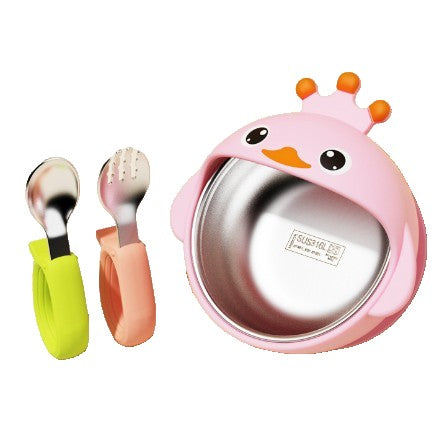 Set 3 Piese Diversificare Bebelusi si Copii, Vivimall, Bol, Lingura si Furculita, Model Ratusca, din Silicon si Otel Inoxidabil, Roz - vivimall.ro