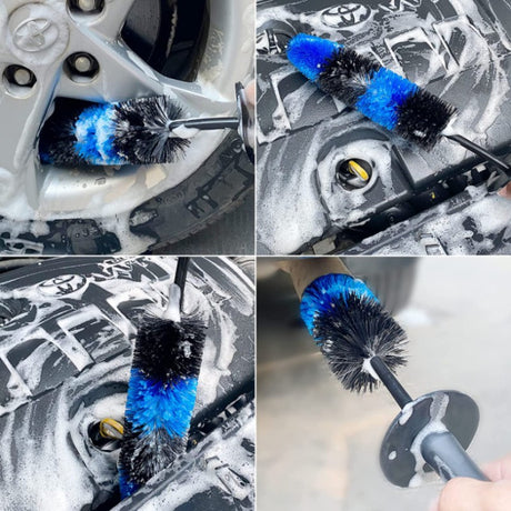 Set 3 Piese pentru Cosmetica Auto, Vivimall, din Plastic si Otel, Maner Ergonomic, Perie Butuc, Anvelope, Detalii, Albastru - vivimall.ro