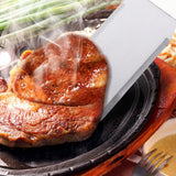 Set 3 spatule pentru gratar Vivimall, din metal, margini subtiri, suprafata antiaderenta, rezistente la temperaturi ridicate, maner ergonomic din lemn, 3 forme, agatatoare, gri - vivimall.ro