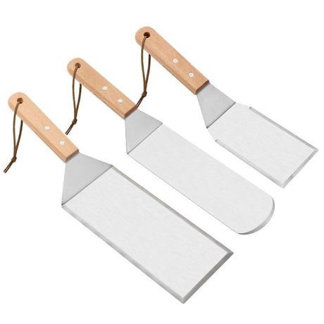 Set 3 spatule pentru gratar Vivimall, din metal, margini subtiri, suprafata antiaderenta, rezistente la temperaturi ridicate, maner ergonomic din lemn, 3 forme, agatatoare, gri - vivimall.ro