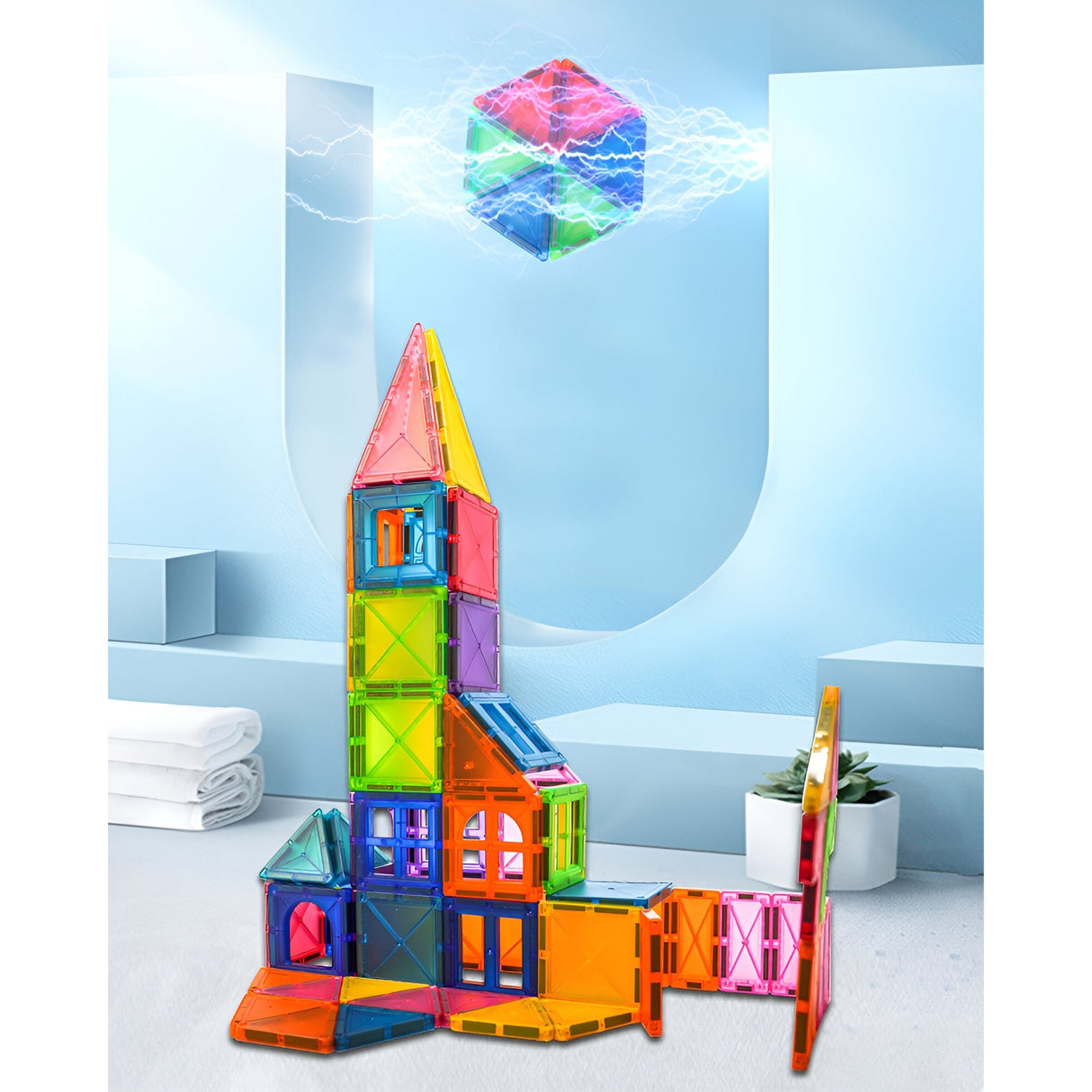 Set 32 Piese Magnetice De Constructie, Piese 5.5 Cm, Magnetic Tiles, Forme Geometrice, 3 Ani, Abs, Magnet, Resigilat - vivimall.ro